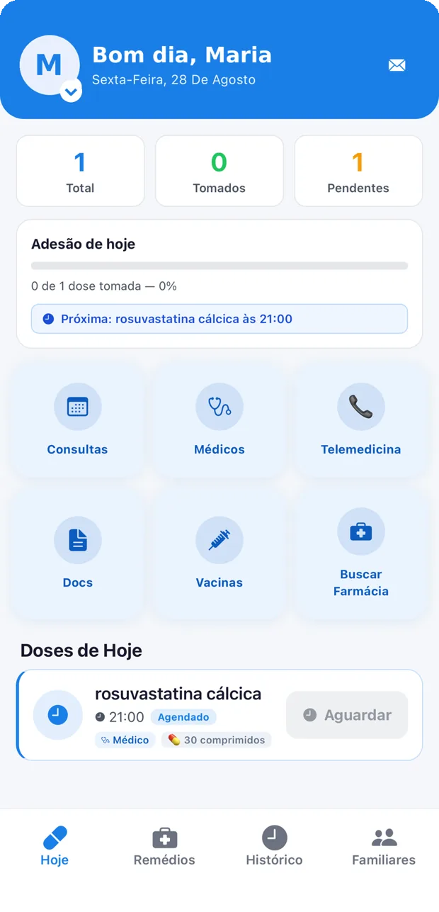 Aplicativo do paciente com lembretes e documentos