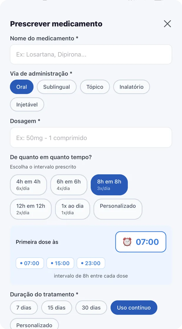 Tela de prescrição com medicamento, dosagem, via e frequência
