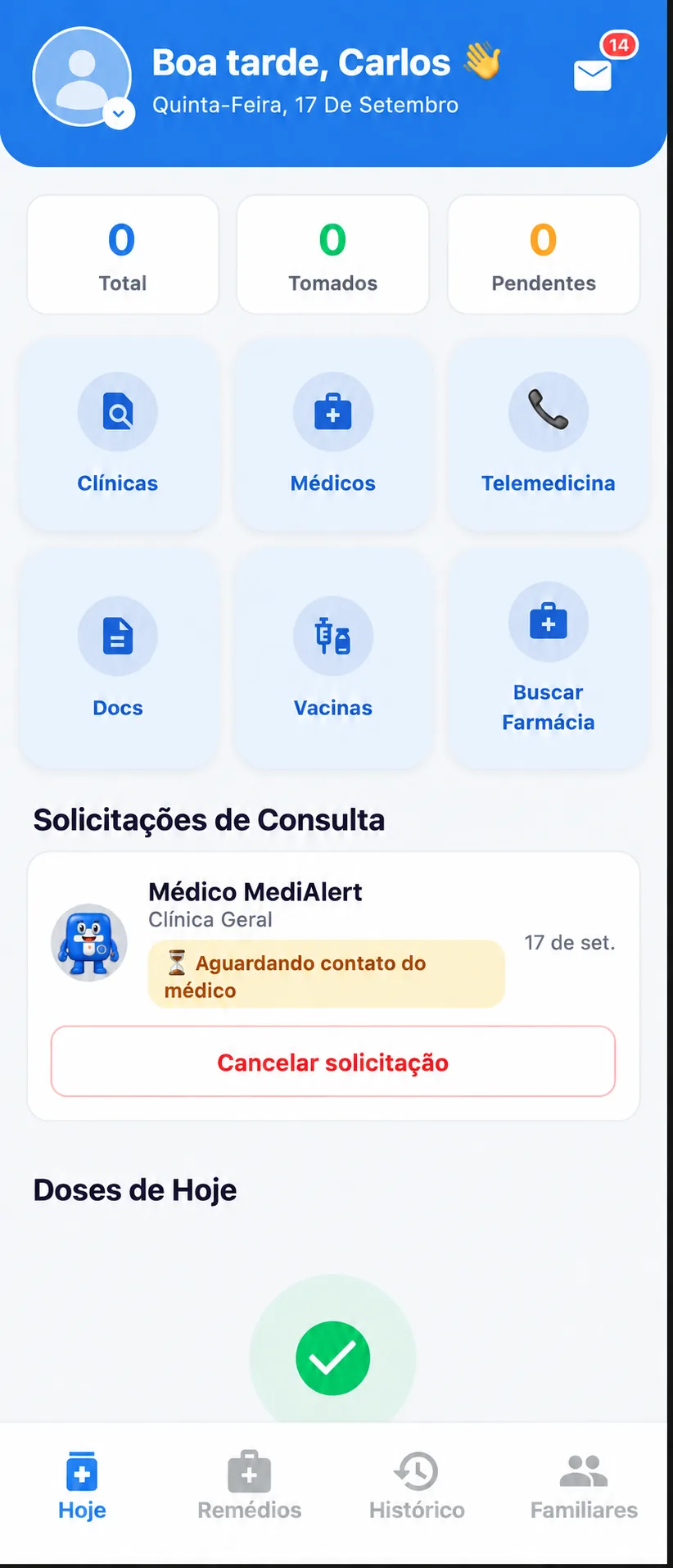 Tela inicial MediAlert: consultas, clínicas, telemedicina, documentos, vacinas e farmácias