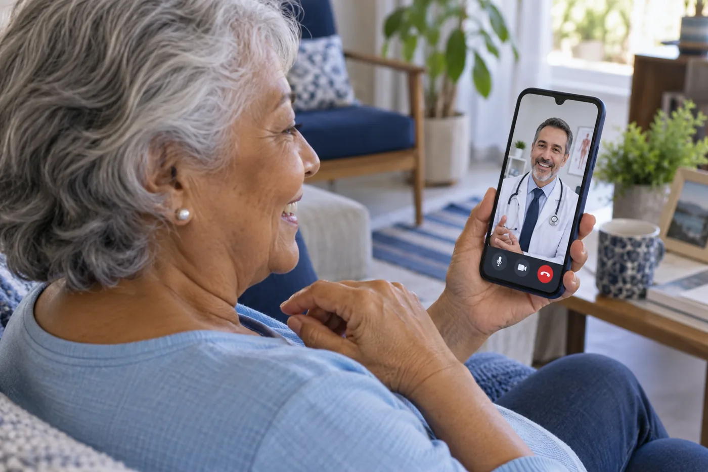 Cena ilustrativa: senhora em casa segurando um celular e conversando por vídeo com um médico